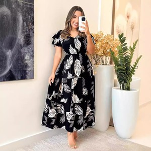 Y10465 Robes d'été tendance pour femmes, décontractées et élégantes, col en V, boutonnées, taille élastique, <span class=keywords><strong>robe</strong></span> <span class=keywords><strong>longue</strong></span> trapèze imprimée pour femmes - Product Image 2