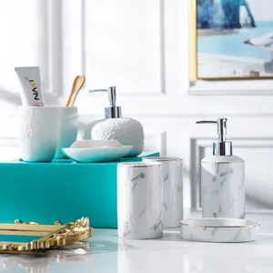 Set da bagno in ceramica bianca e Marn da 4 pezzi con Dispenser di sapone, portaspazzolino, bicchiere e portasapone