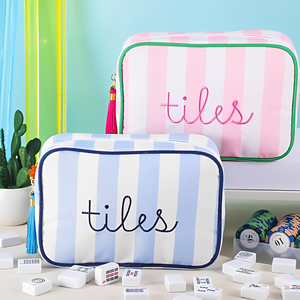 Sac de rangement pour tuiles de mahjong en toile rayée personnalisée Royal Fair avec pompon, sacs de rangement en velours pour plateau de mahjong américain, idéal pour les soirées de jeu en famille et les voyages - Product Image 1