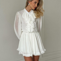 Robe courte élégante pour femme, col mandarin à volants français personnalisés, taille élastique, coupe trapèze