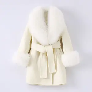 Gabardina de lana con cuello de piel de zorro para niños, abrigo de lana de Cachemira de doble cara, moda