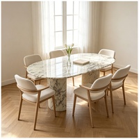 Table à manger ovale moderne de luxe en marbre Arabescato blanc Calacatta Viola, base à double colonne cannelée, résistante à l'eau et au feu