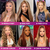 Perruques Lace Front HD Blond Miel Lisses avec Mèches, Cheveux Humains Brésiliens Bruts, Perruque Frontale HD Sans Colle
