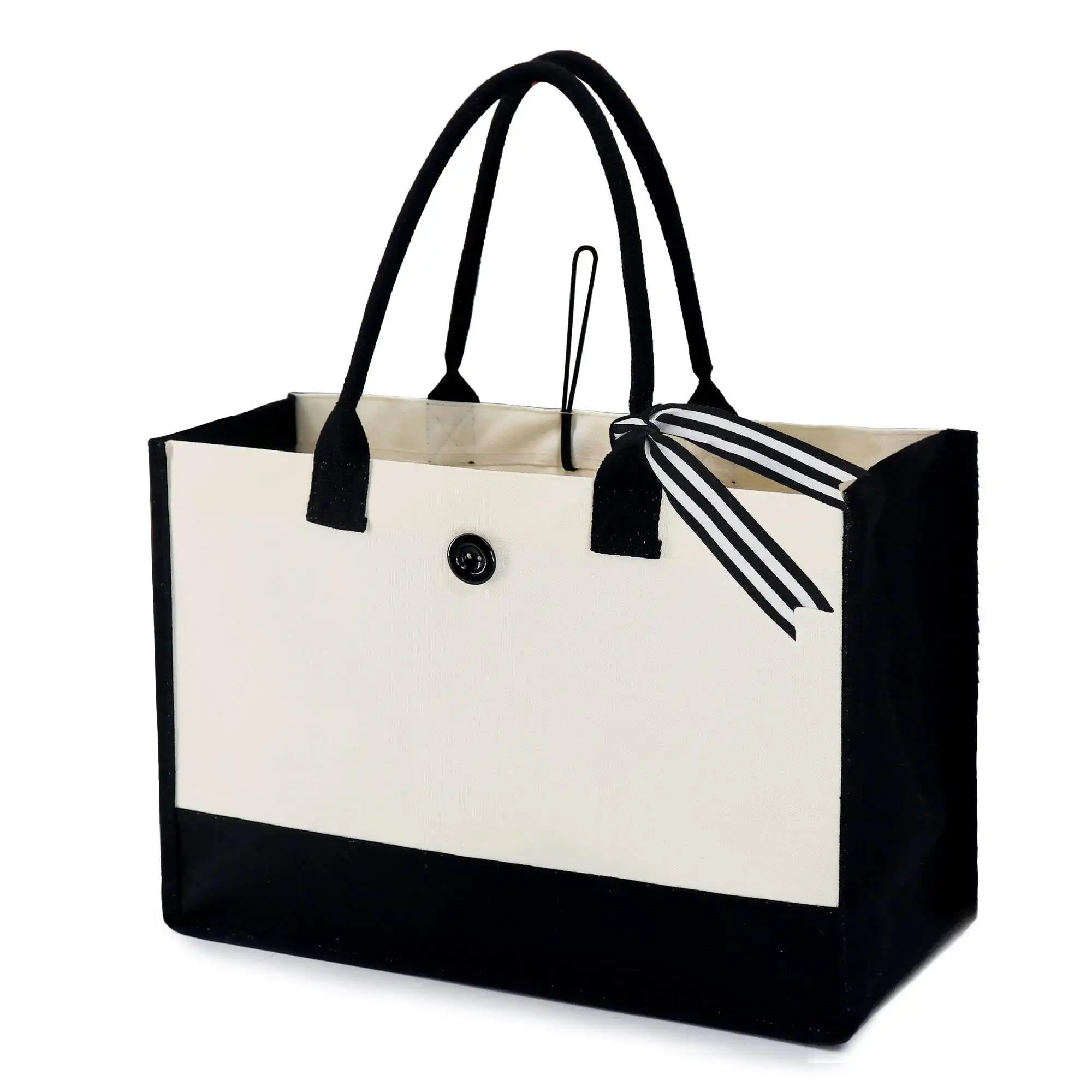 2023 Schlussverkauf Mode bedrucktes Logo personalisierte Baumwoll-Hanf-Einkaufstrandtasche schwarz weiß Damen-Tote-Tasche