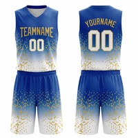 Ensemble short et maillot de basket-ball géométrique bleu et or personnalisé, OEM, sublimation, nom et numéro d'équipe personnalisés, fabricant