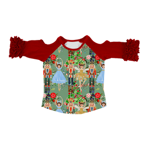 Camiseta de Manga Larga para Niñas con Estampado de Seda de Leche, Camisa Raglán con Hombros Descubiertos y Volantes, Camiseta Informal Navideña para Niños - Product Image 5