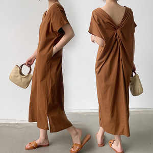 Nuovo Abito Lungo Estivo da Donna alla Moda, Stile Retrò con Nodo Francese, Indossabile Fronte-Retro, Casual e Comodo, a Maniche Corte, per Spiaggia, Feste e Uso Quotidiano - Product Image 3