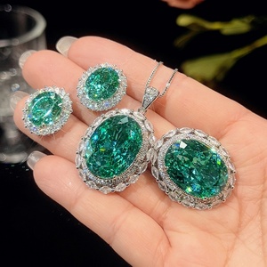 Fashion Jewelry Eco-friendly Copper Oval Cut 15*20/10*12mm Green Zircon Large <b>Statement</b> <b>Necklace</b> and Earrings Sets for Women - Product Image 3