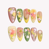 Faux ongles à presser en acrylique, forme amande, French manucure, avec fleurs 3D en strass et estampage doré, finition brillante/mate, personnalisables pour fêtes et vacances