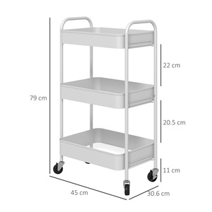 HOMCOM Chariot de cuisine à 3 niveaux avec poignées et 4 roues, Acier, 45x30.6x79 cm, Blanc - Product Image 3