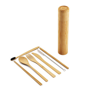 <span class=keywords><strong>Set</strong></span> di posate portatile in bambù tradizionale (cucchiaio, forchetta, coltello, spazzolino) con custodia per viaggi, campeggio, feste e ristoranti - Product Image 4