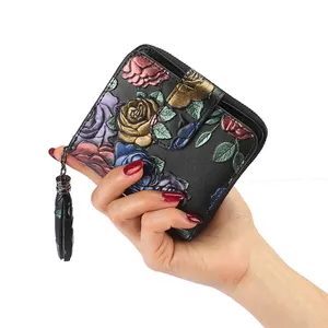 Split cuoio genuino organo del supporto di carta delle donne piccolo raccoglitore portatile borsa personalizzata con stampata a mano fiore