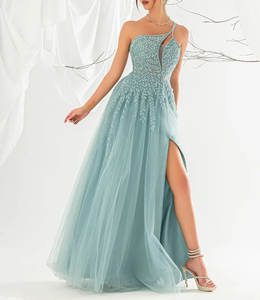 Robe de soiré<span class=keywords><strong>e</strong></span> longue asymétrique pour femme, en tulle uni brodé de sequins, coupe ajusté<span class=keywords><strong>e</strong></span>, éco-responsable, avec fente haute, idéale pour l'automne - Product Image 1