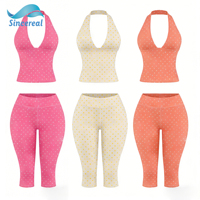Custom polkadot haltertop zonder mouwen, enkellange leggings, vochtregulerend, snel drogend, zacht, actief polkadot tweedelig set