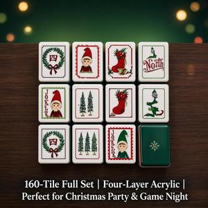 Jeu de Mahjong Américain de Noël avec Tuiles Père Noël et Rennes, 160 Pièces en Acrylique Vert Vintage, Gravées, pour 4 Joueurs, Tapis Inclus, Cadeau de Fêtes - Product Image 6