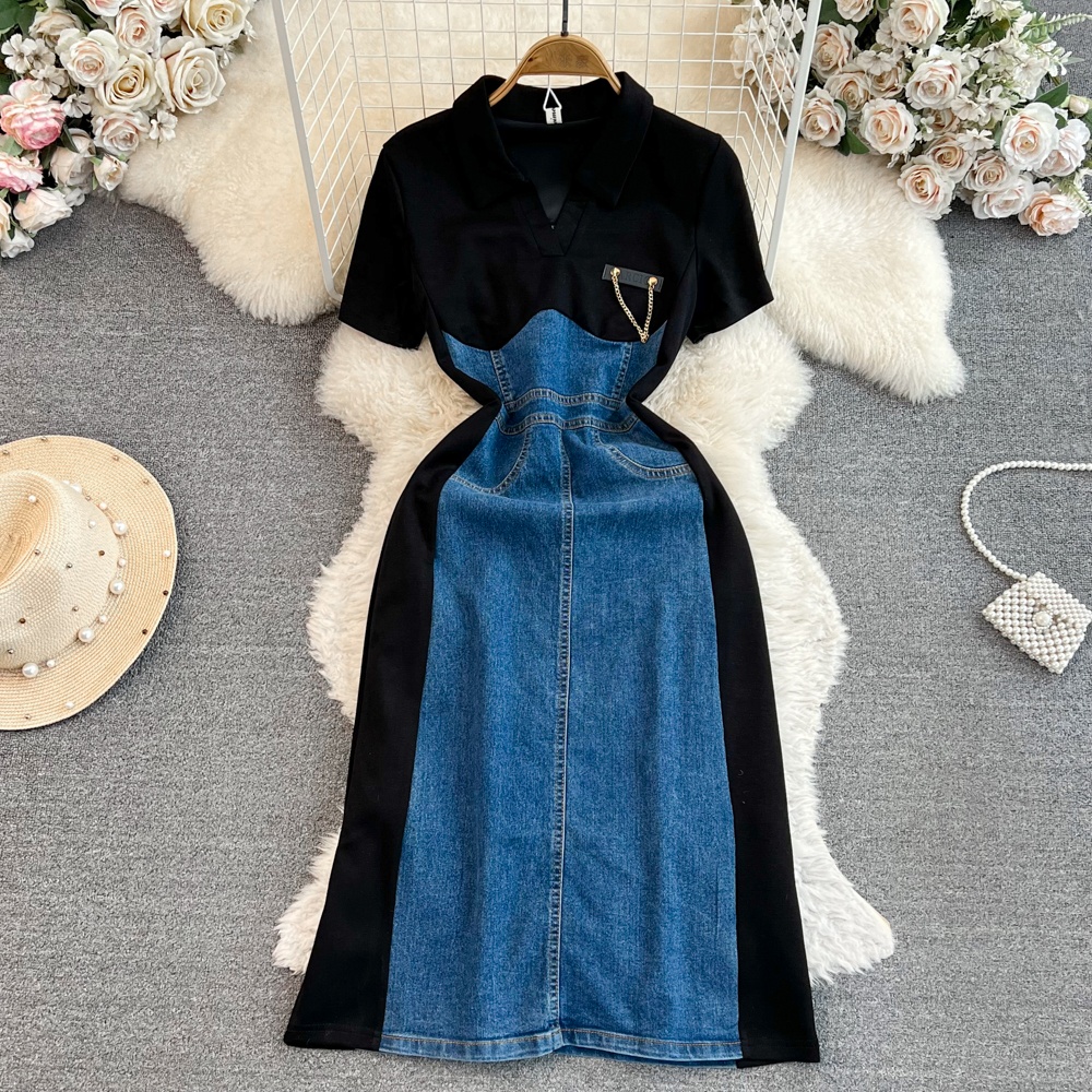 Wholesale 2023 Summer Vintage Hong Kong Style Round Neck Short Sleeve Contrast Slim Fit Denim Spliced A-line Women's Dress