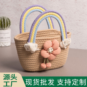 Bolso de Mano de Cuerda de Algodón Tejida Arcoíris, Bolso Tipo Cubo para Mujer con Decoración Floral, Ligero, para Bodas y Playa, Verano 2023 - Product Image 5