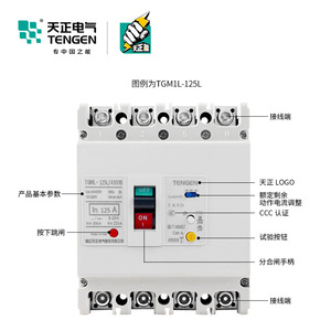 Tengen TGM1L Molded <b>Case</b> Residual Current Circuit Breaker 4P 125A Three Phase Four Wire Air <b>Switch</b> Overload Short Circuit - Product Image 3