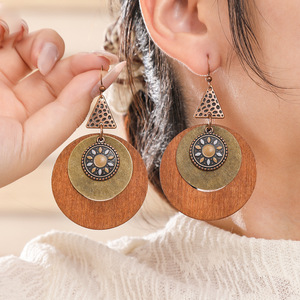Bohemian Wooden <b>Drop</b> Earrings Antique <b>Bronze</b> Plated Feather Pattern Women's Party Fashion Jewelry 2025 - Product Image 3