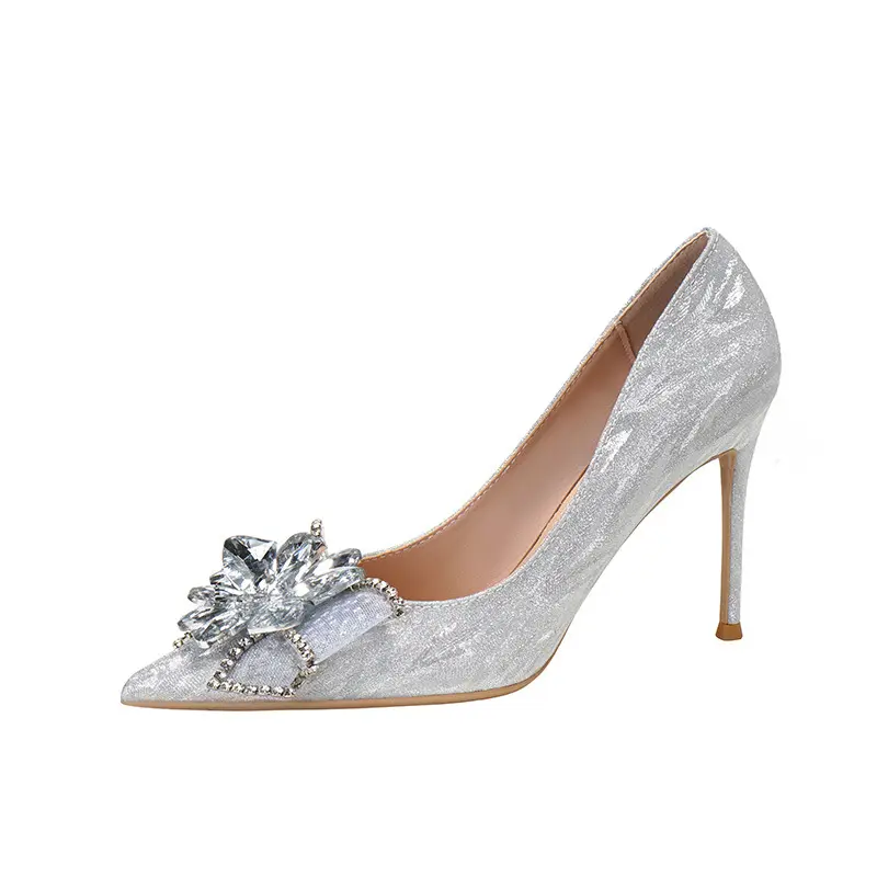 Wholesale Glitter Slip On High Heels Bridal Shoes Rhinestone Women Slip On Wedding Pump Shoes
