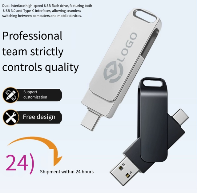 Customized Type-C Dual-use (Phone/Computer) 64GB Metal Rotating USB Flash Drive with Custom Logo and 1-Year Warranty