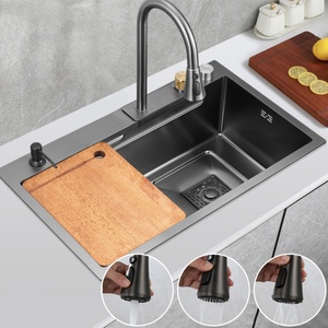 Évier de cuisine en acier inoxydable 304 de luxe, à cuve unique, robinet cascade moderne, style pluie, multifonctionnel, fait à la main, carré, trois - Product Image 1