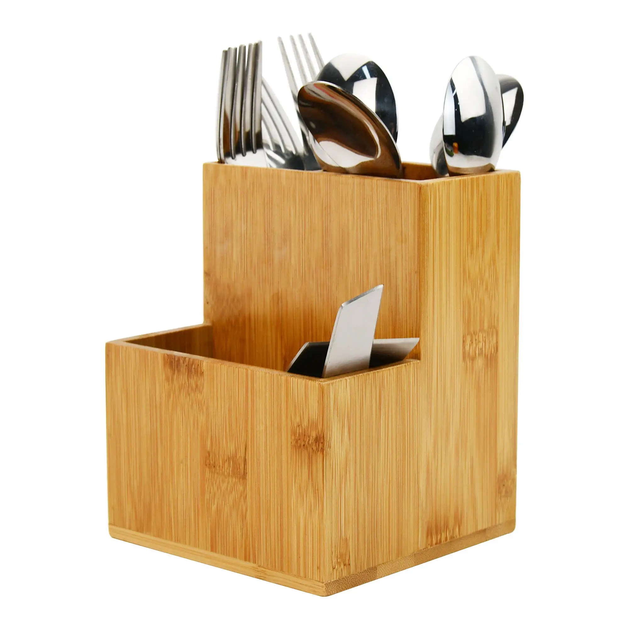Suporte de utensílio de cozinha de bambu, suporte de utensílio grande de 2 camadas para bancada, caixa organizadora de armazenamento rústica para talheres garfo colher