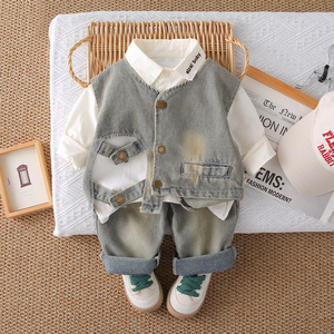 Nouvel Ensemble d'Été Trois Pièces en Jean pour Enfants, Garçons et Filles, Style Formel avec Motif 3D, Gilet en Coton et Chemise à Manches Longues à l'Étrangère - Product Image 2