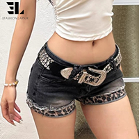 Celana Pendek Denim Jorts Wanita LARSUR Custom Factory, Model Patchwork Leopard, Distressed Washed Raw Edge