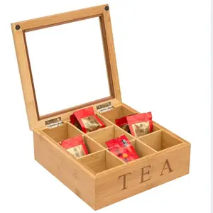 Caja de almacenamiento de bolsitas de té de madera de bambú natural con 8 compartimentos