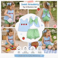 Ensemble 2 pièces Puresun Boutique personnalisé en coton 100% avec broderie fraise, haut et short bouffant, dos ouvert à carreaux et nœud pour filles de 2 à 8 ans