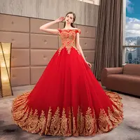 Appliqued זהב תחרה כבוי כתף כדור שמלת חתונת ערב דפוס אדום מוסלמי אסיה אירופאי אמריקאי מסורתית שמלה
