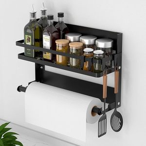 Porta spezie da parete con porta rotolo da cucina <span class=keywords><strong>e</strong></span> 4 ganci mensola da cucina senza foratura in acciaio inossidabile - Product Image 5