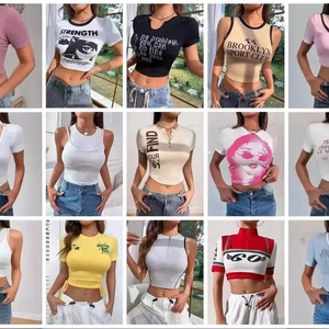T-shirt court côtelé pour femme, manches courtes, coupe ajustée, imprimé, style halter, décontracté, streetwear d'été - Product Image 4