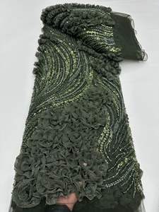 قماش دانتيل جديد من NI.AI بتطريز زهور، نسيج شبكي مخطط مع ترتر لامع، قماش دانتيل مزين باللؤلؤ والخرز - Product Image 2