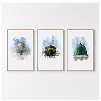 Art mural islamique pour sites sacrés : Kaaba, Dôme Vert, Dôme du Rocher – Impressions sur toile aquarelle pour salon et espace de prière