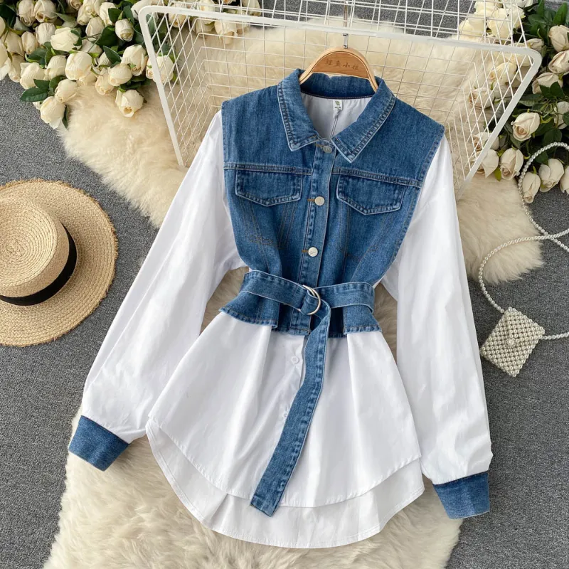 Polo Collar Denim Shirt Women Fake Two-Piece Long-Sleeved Mid-Length Blouses Lady Long Sleeve Temperament Chic Top