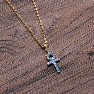 Classic Small Solid Blue CZ <b>Cross</b> Pendant Necklace, Men's Hip Hop Sea Blue Zirconia Jewelry - Product Image 1