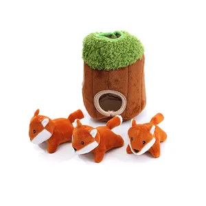 Yumuşak Beejay pet oyuncak interaktif eğitim chewer tilki ve ağaç delik şekli seti gıcırtılı hayvan gizlemek ve aramak peluş köpek bulmaca oyuncak