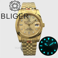 Bliger montre de luxe hommes 36/39mm montre boîtier en or verre saphir or cadran lumineux étanche NH35 mouvement automatique montre-bracelet