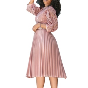 Venta al por mayor Otoño Ropa de mujer americana Vestido de encaje de ganchillo Vestido plisado Tallas grandes Manga larga Vestidos de noche de Iglesia blancos - Product Image 5