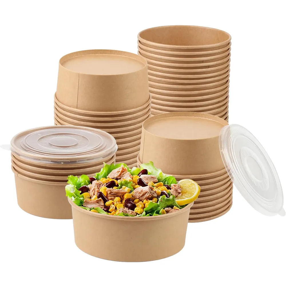 Disposable kraft paper packaging box, circular paper bowl, custom thickened salad bowl with lid, takeaway fruit salad box