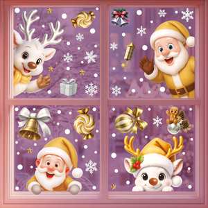 Autocollants de Noël statiques imperméables en PVC doré pour fenêtres, motifs Bonhomme de neige, Renne, Père Noël, flocons de neige et maisons enneigées - Product Image 2