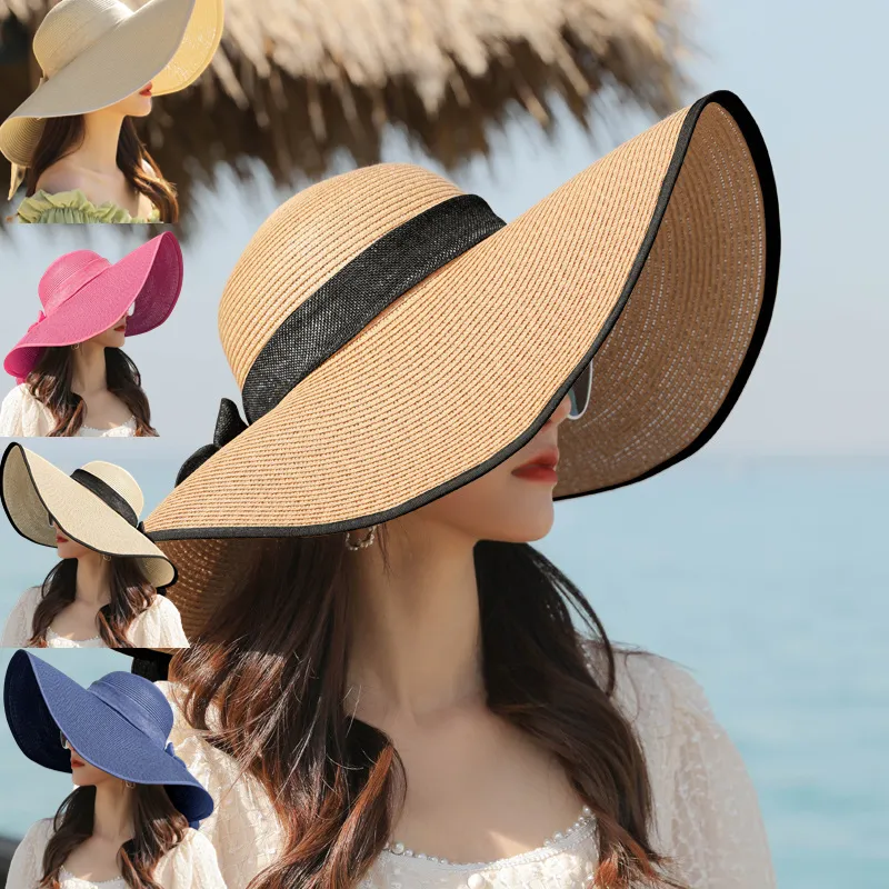 Contoh gratis topi matahari jerami pantai floppy pinggir lebar dapat dilipat wanita musim panas untuk wanita