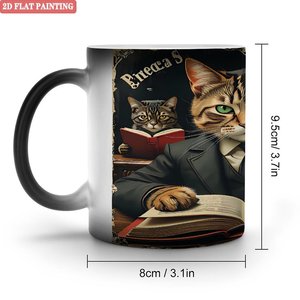 Mug en céramique noir givré 11 oz, tasse à changement de couleur thermique, motif chat lisant, peinture 2D plate - Product Image 1