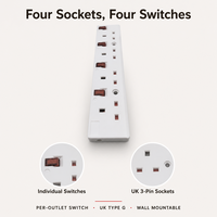 HAOYONG UK Extension Socket Travel Power Strip 4 Way Electrical Extension Leads