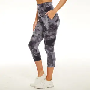 High Waist Buttery Soft Durable Outwork Pants Gym Sports Women Tie Dye Yoga Capri Wholesale Custom Logo Leggings With Pockets