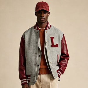 Custom Logo Snap Front Varsity <b>Jacket</b> Chenille Letter Patch Contrast Sleeves Striped Rib <b>Men</b> Letterman <b>Baseball</b> <b>Jacket</b> - Product Image 2