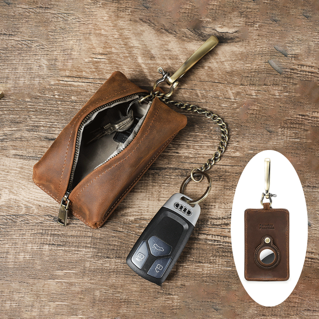 Custom Genuine Leather Faraday Key Pouch with for Airtag RFID Blocking Key Fob Car Key Protector Bag Belt Hook Included