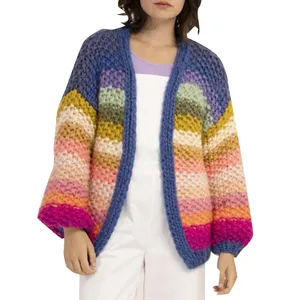 CHICEVER新款彩虹条纹灯笼袖宽松厚针织外套女式毛衣
